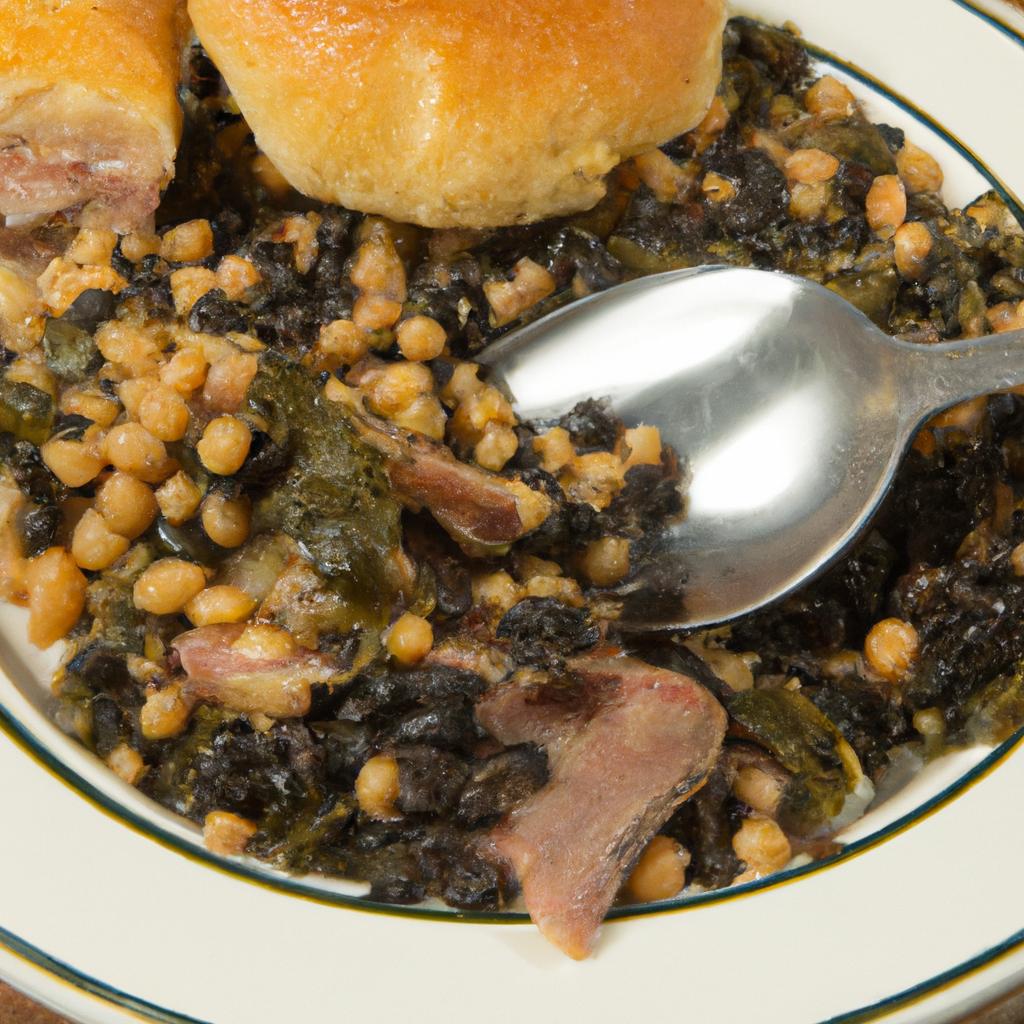 A classic Southern meal of black eyed peas and ham hocks served with cornbread and collard greens