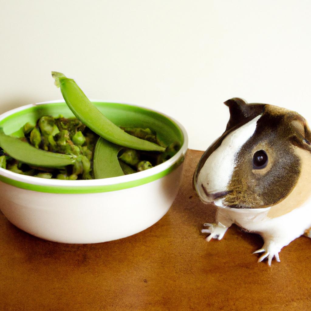 A bowl of snap peas sits next to a content guinea pig.