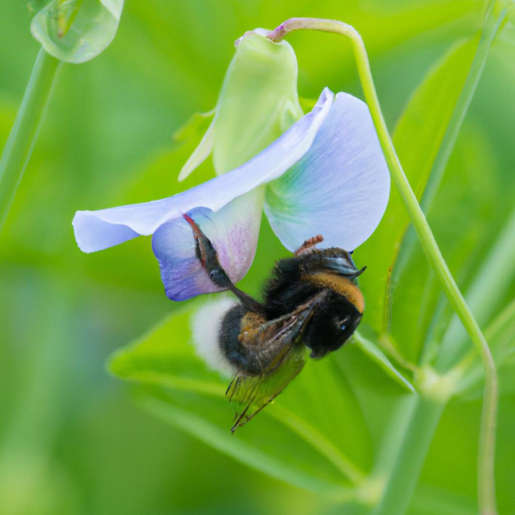 Insect pollinators like bumblebees are crucial for pea plant pollination.