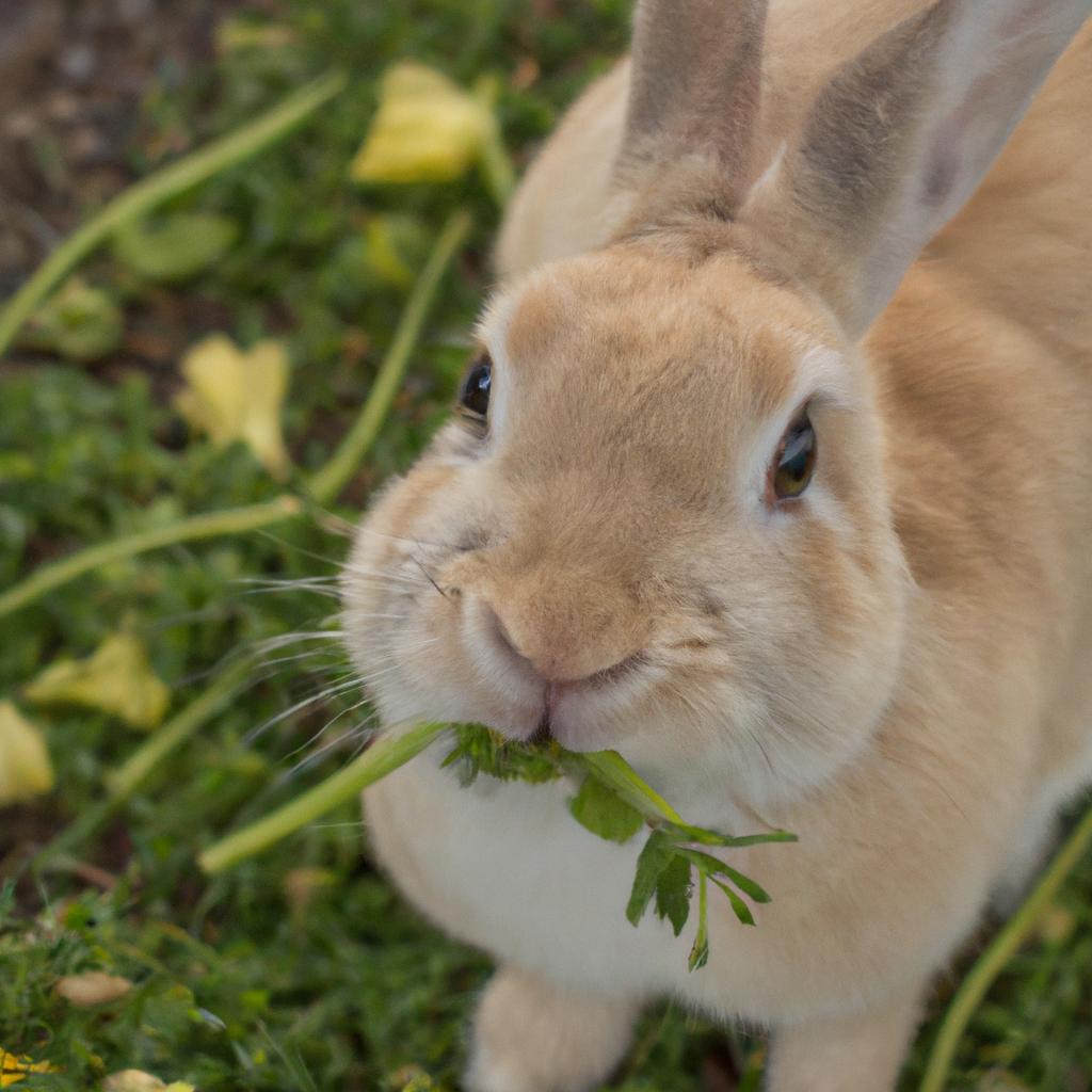 A bunny enjoys a snap pea snack while looking up at the camera