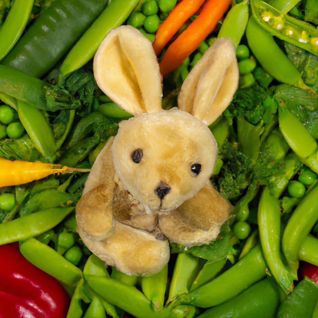 A bunny surrounded by a variety of fresh vegetables, including snap peas