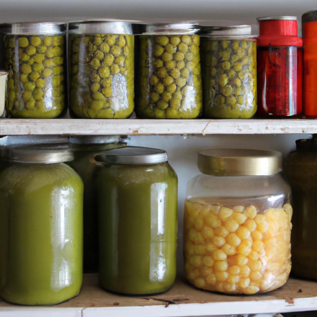 Canned vegetables, including peas, on a grocery store shelf