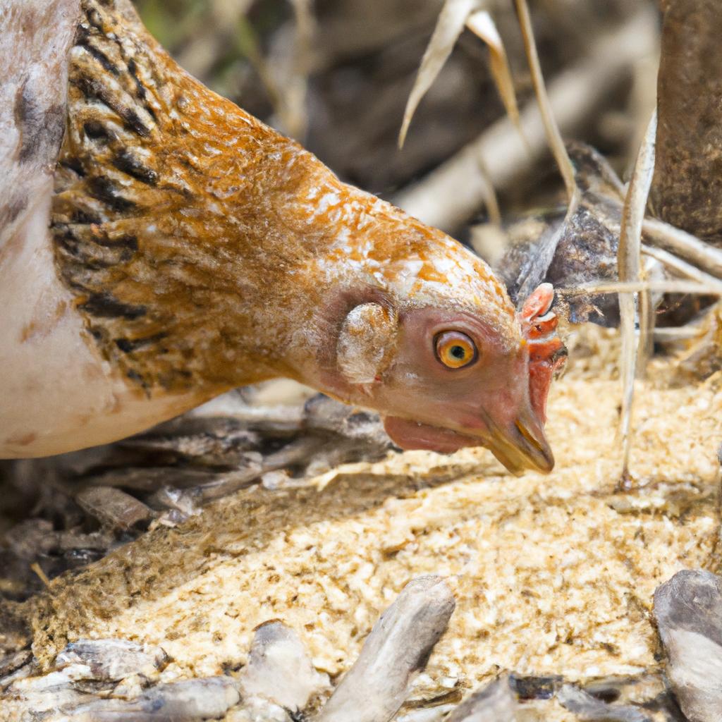 A chicken enjoying a meal of alternative grains and legumes that are safe and nutritious
