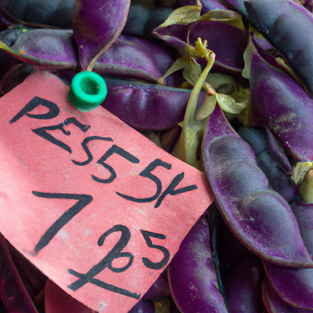 A bushel of purple hull peas with its corresponding price tag.