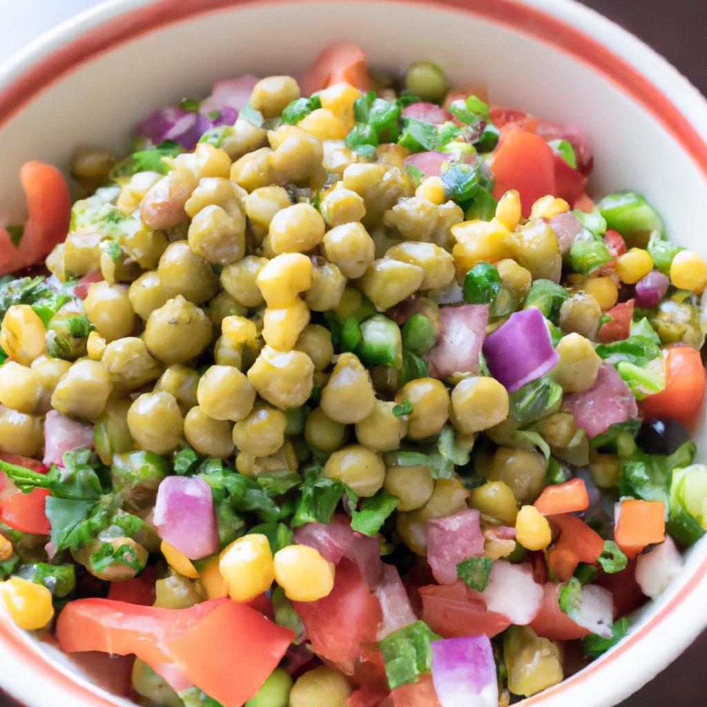 Elevate your salad game with a burst of color from fresh vegetables and the added protein of split peas.