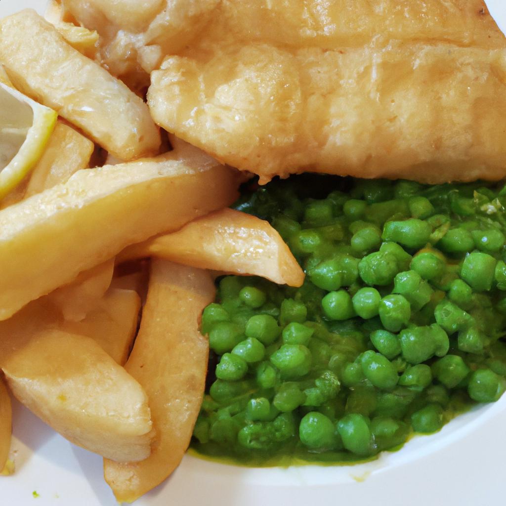 Fish and chips with mushy peas, a classic British dish