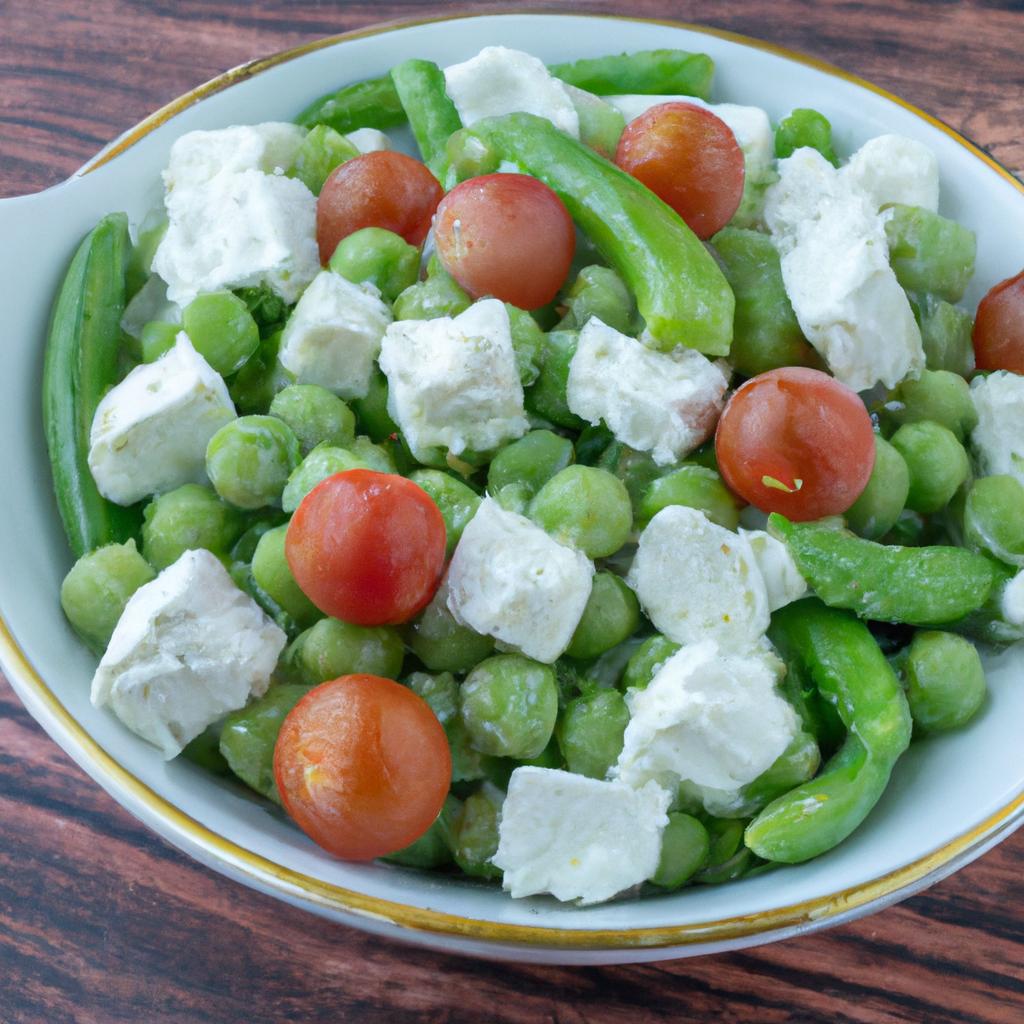 Frozen field peas and snaps can also be used in salads, like this one with feta cheese and cherry tomatoes.