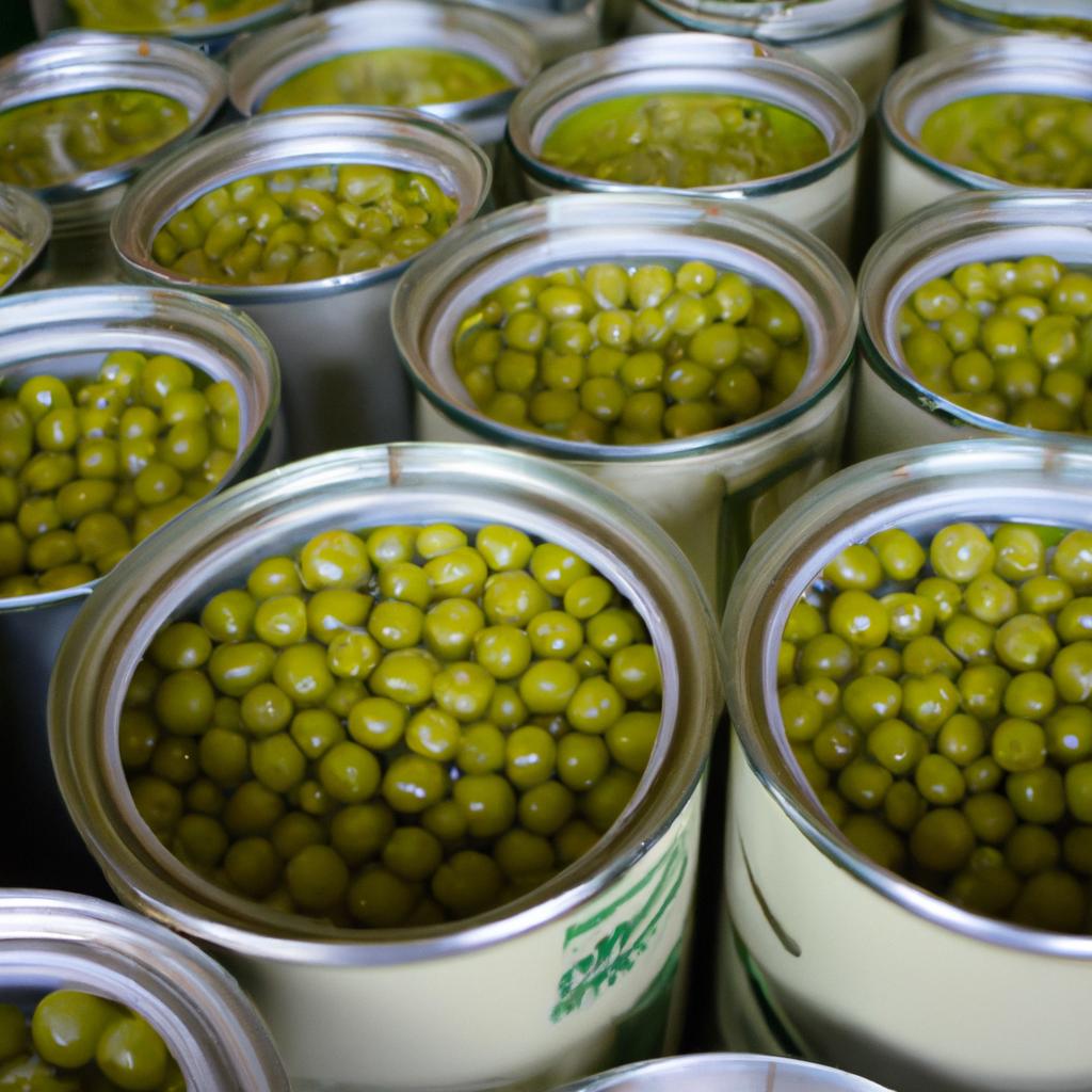 Cans filled with canned peas.