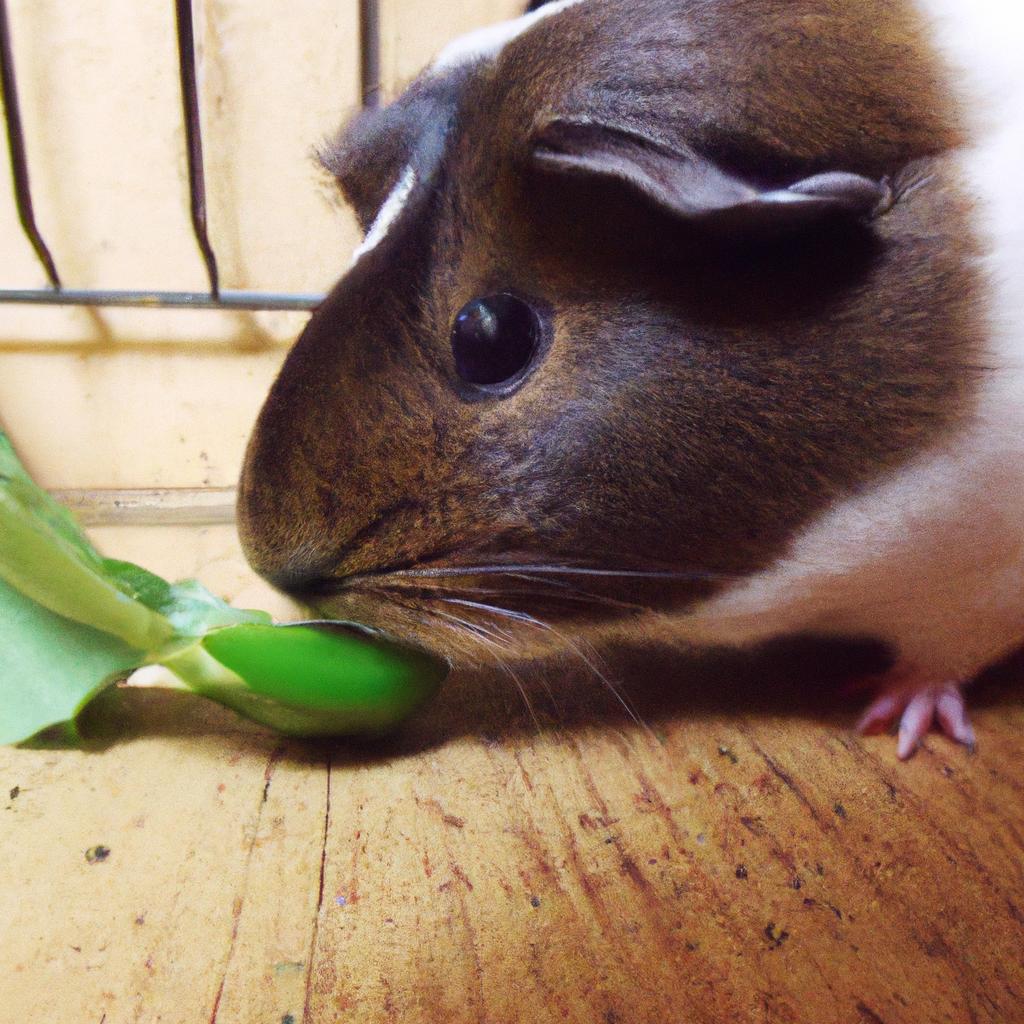 A guinea pig happily munches on a fresh snap pea.