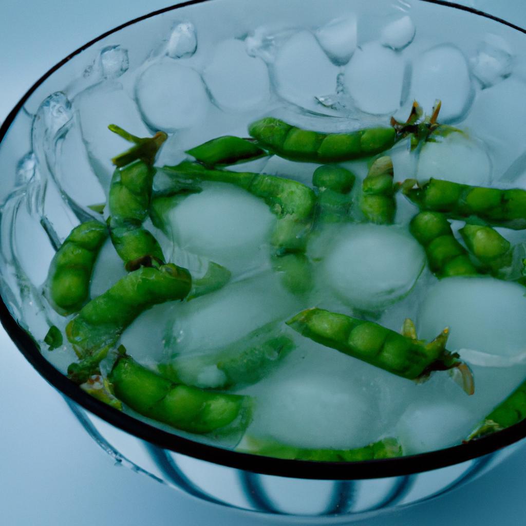 Plunging peas into ice water after blanching stops the cooking process.