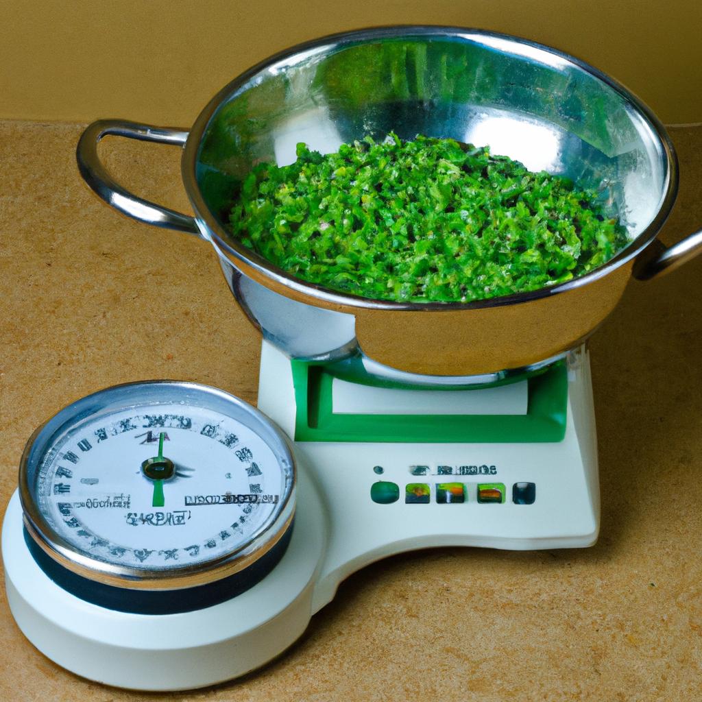 A measuring scale and a bushel of peas in a kitchen.