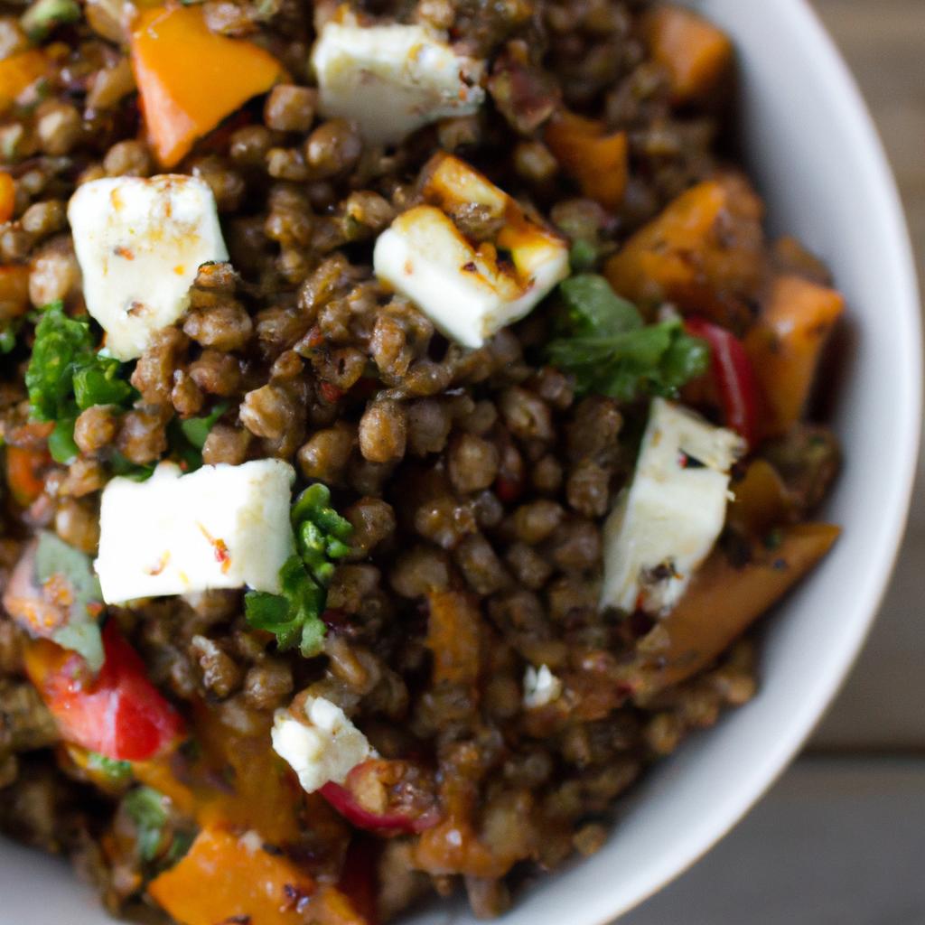 Savor the flavors of a light and refreshing lentil salad with roasted veggies and crumbled feta cheese.