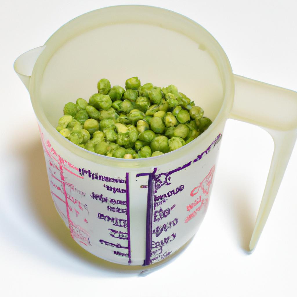 Measuring the exact amount of peas in a cup.