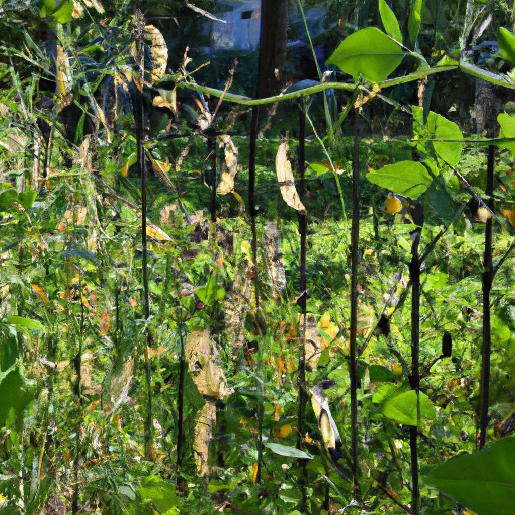 Black-eyed peas flourishing on a metal trellis in a garden.