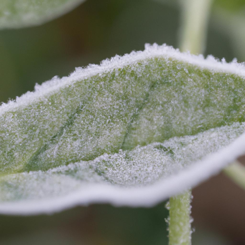 A pea plant leaf covered in frost crystals.