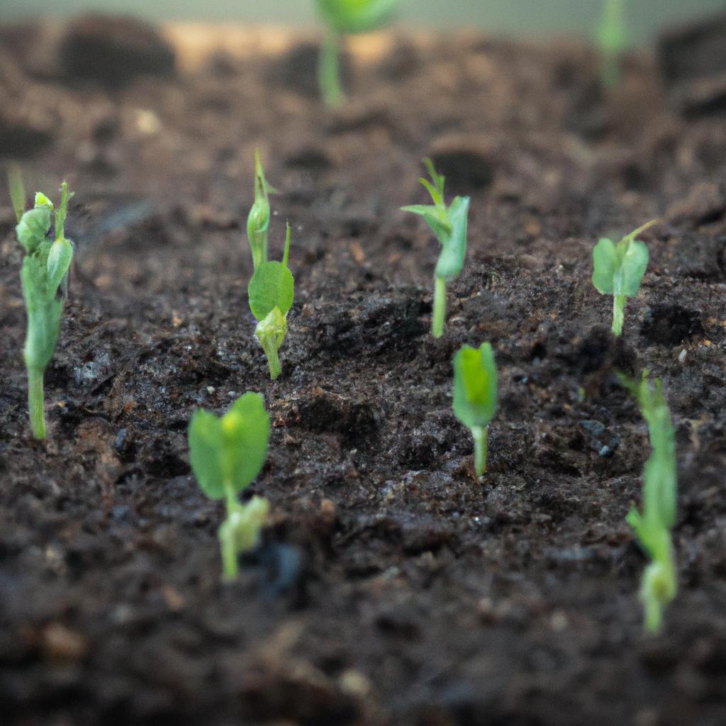 Pea seedlings sprouting from the soil