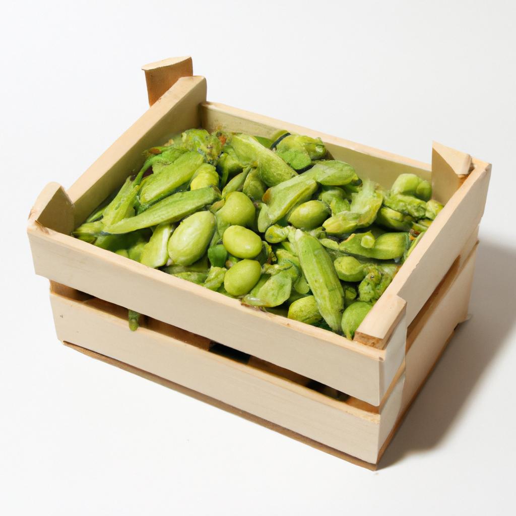 A wooden crate filled with shelled peas waiting to be weighed