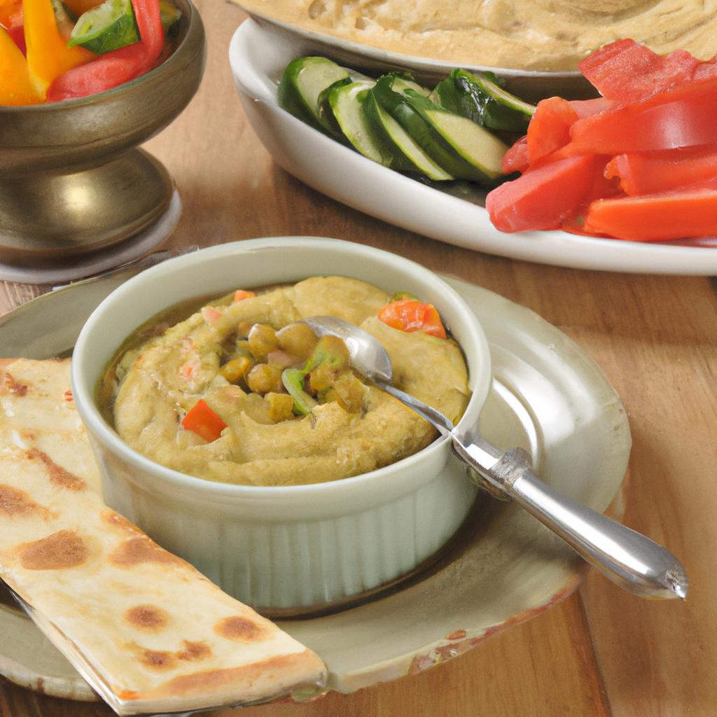 Dip into a creamy and flavorful split pea dip with toasted pita bread and fresh veggies.
