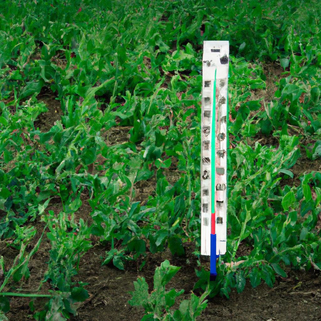 Taking temperature readings in a pea field