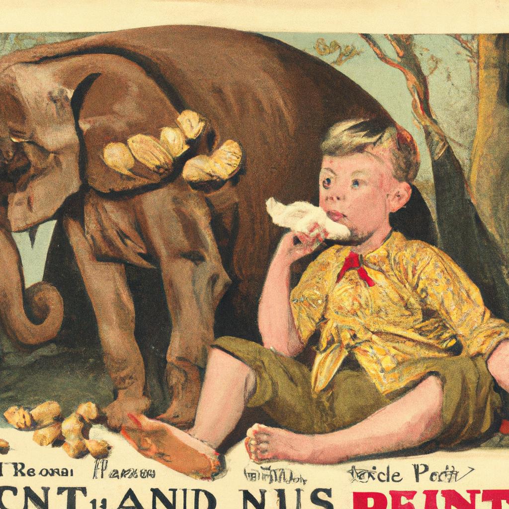 Vintage ad for goober peas featuring a boy and an elephant