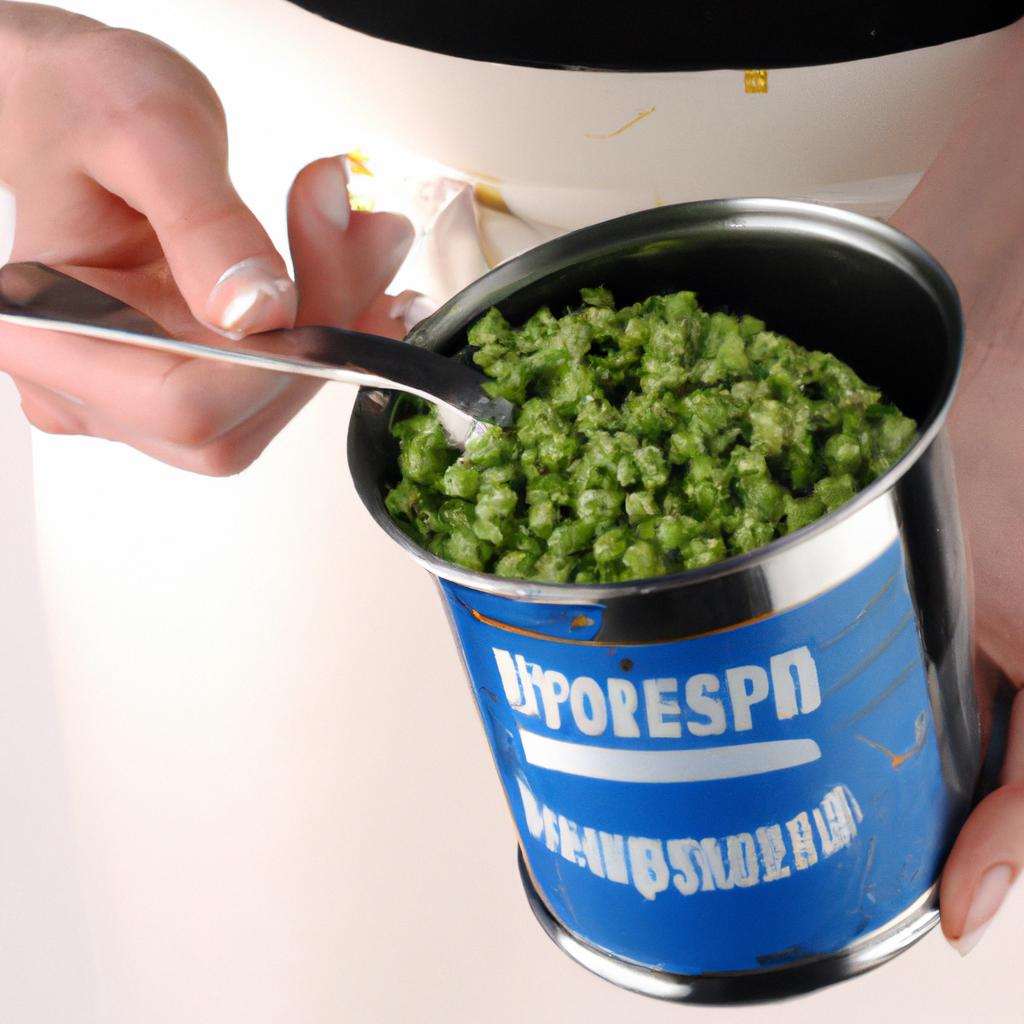 A woman measuring the serving size of canned peas