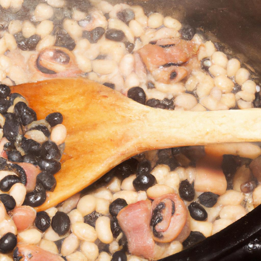 Stirring the pot regularly ensures that the flavors of the ham hocks and black eyed peas are evenly distributed.